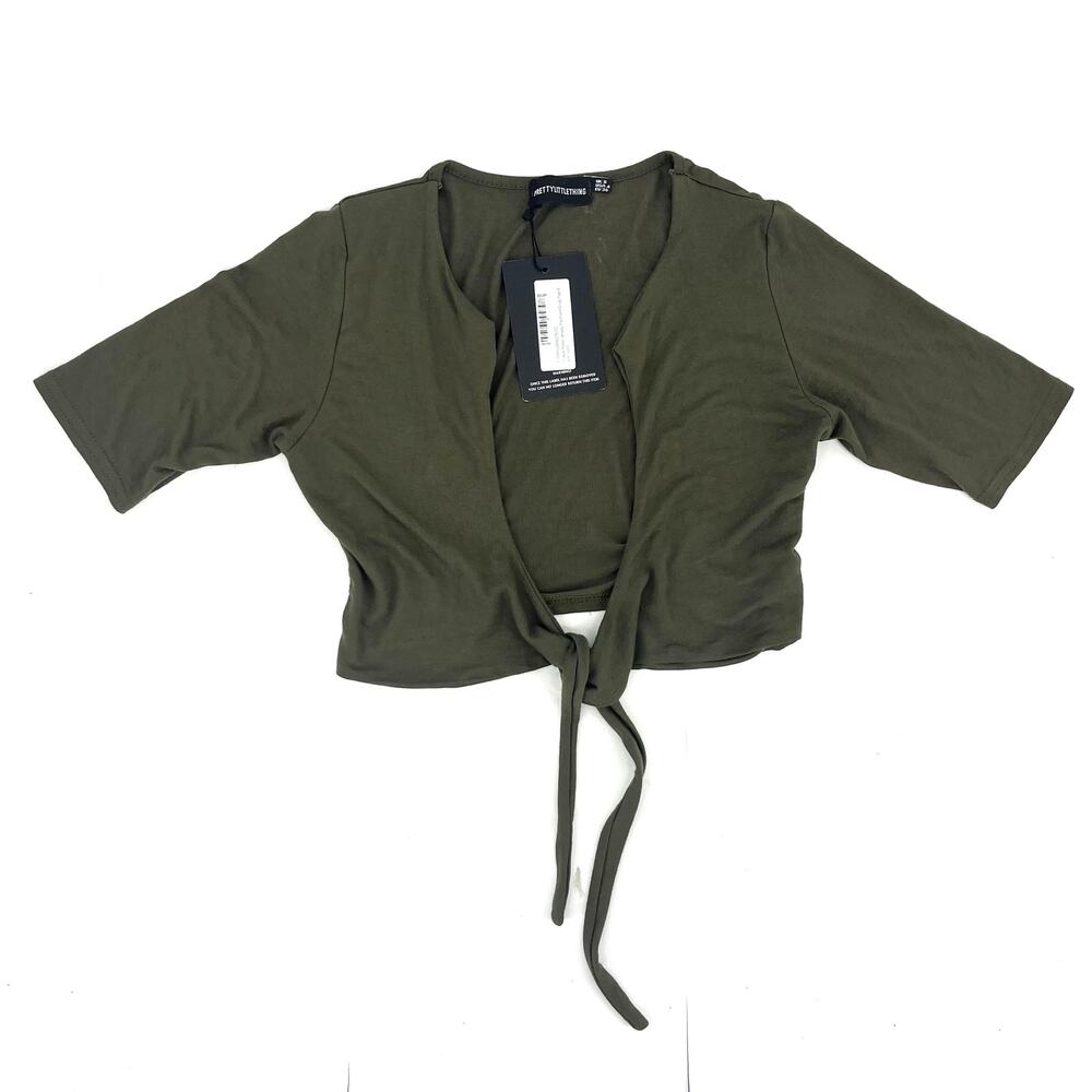 Pretty Little‎ Thing 4 Women's Khaki Jersey Front Tie Crop Top NWT - Picture 2 of 8